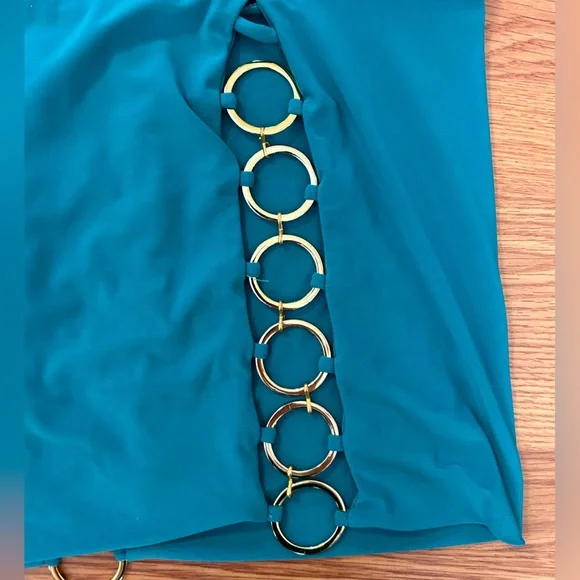 Symphony Turquoise Drape Front Dress with Gold Chain Sides NWOT size Small - Picture 6 of 8